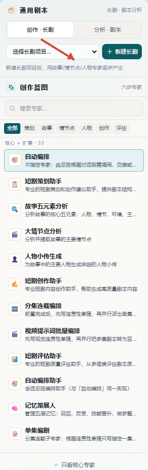 通用剧本左栏,包含创作长剧、分析剧本、项目选择与六步专家入口